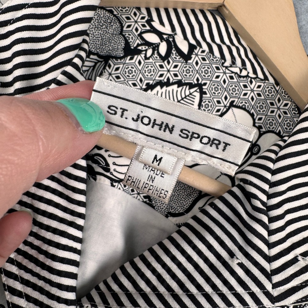 St John Sport Jacket Womens Medium Black White Floral Button Up Cotton Stretch - Picture 3 of 13
